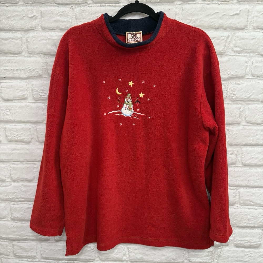 Vtg 90's Christmas Embroidered ‎ Red Fleece Large Mockneck Pullover Snowmen